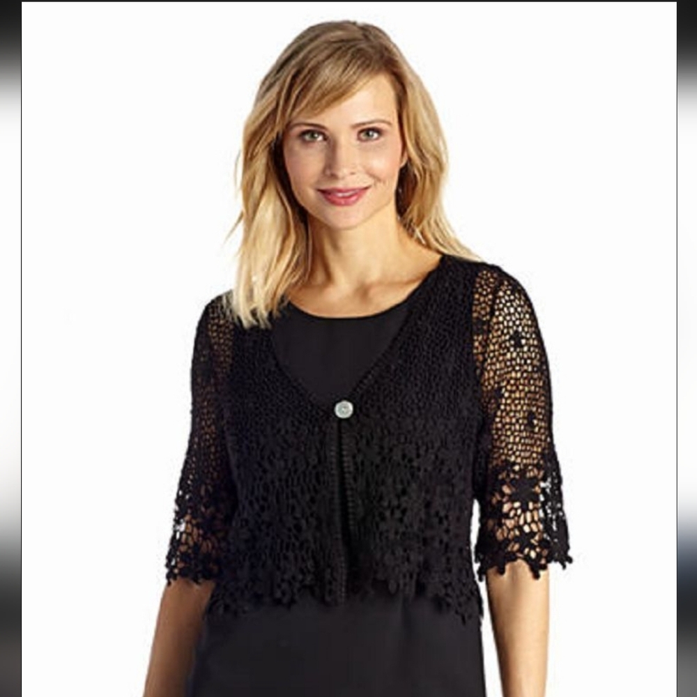 Chris Mclaughlin Y2K Blac Crochet Open Knit Cotton Shrug Single Button Floral 1X